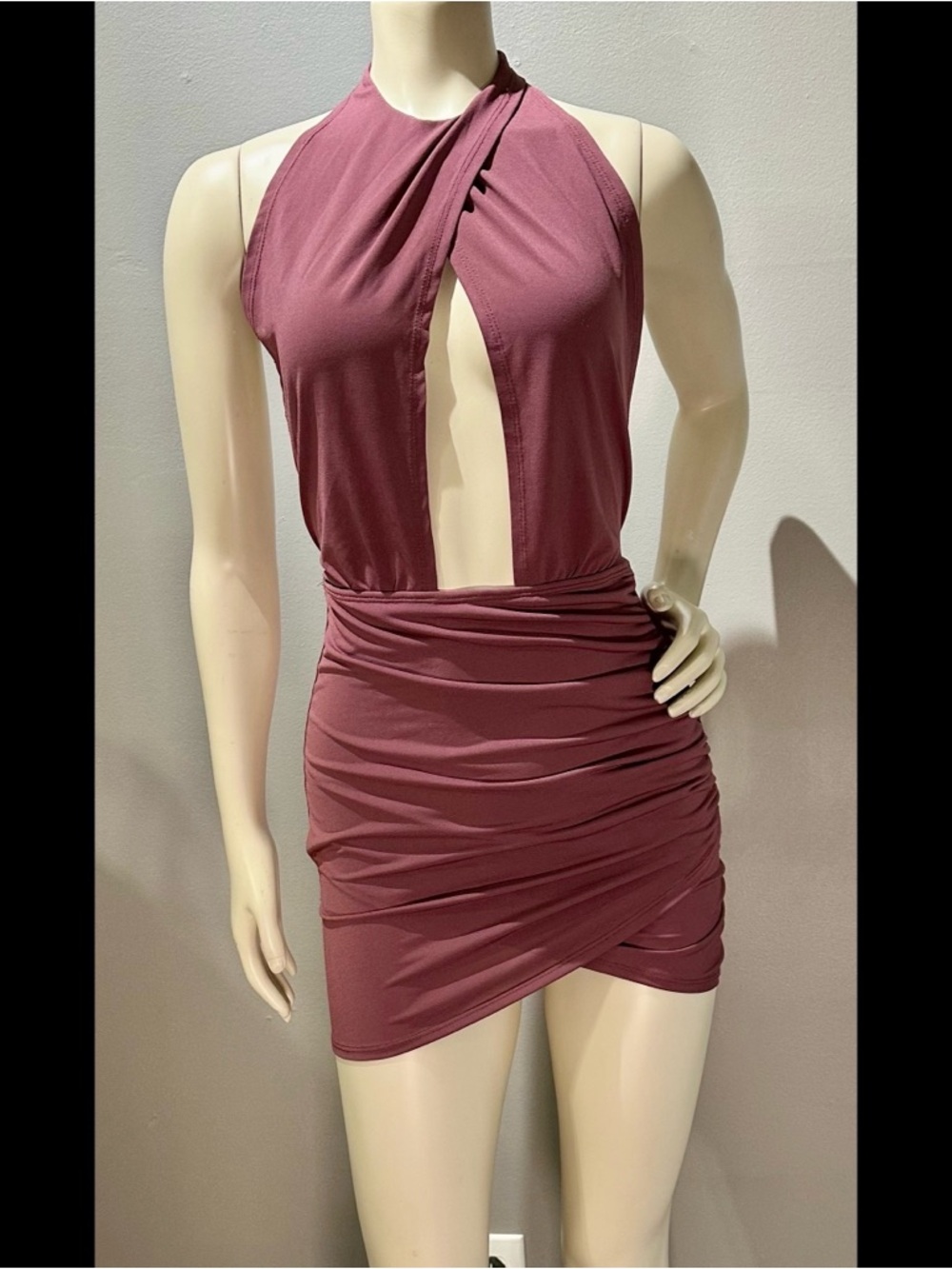 Plunge Halter Ruched Mini Dress - Mauve Pink